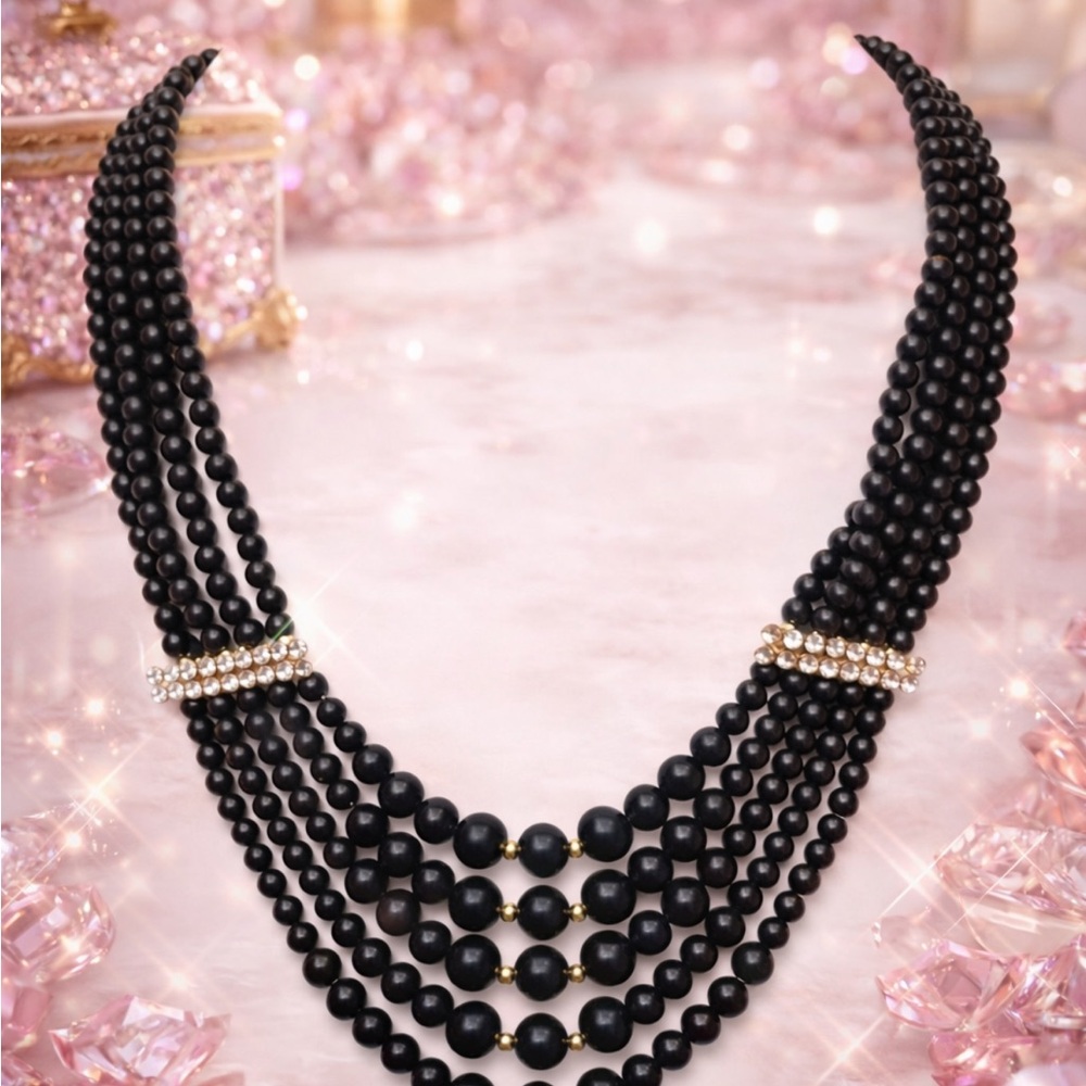 Vintage 5 Strand Black Glass Bead Bib Necklace Rhinestone Bar Gold Tone Clasp - Picture 2 of 5